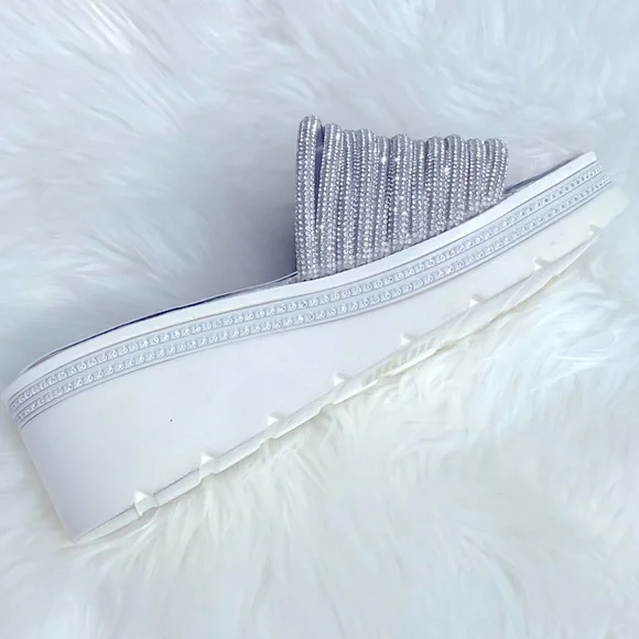 Restock!  White Platform Silver Rhinestone Embellished Wedge Slide-In Sandals - Picture 2 of 12